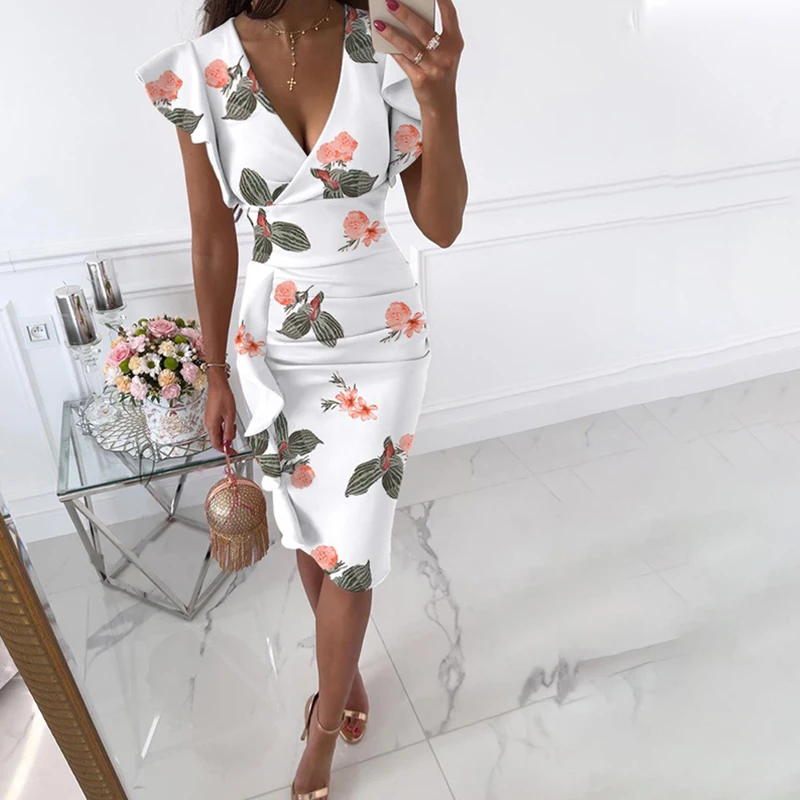 

Women Floral Print Midi Dress Fashion Plus Size Ruffles Sleeve V-neck Slim Vintage Dresses Elegant Bodycon Party Dress C91
