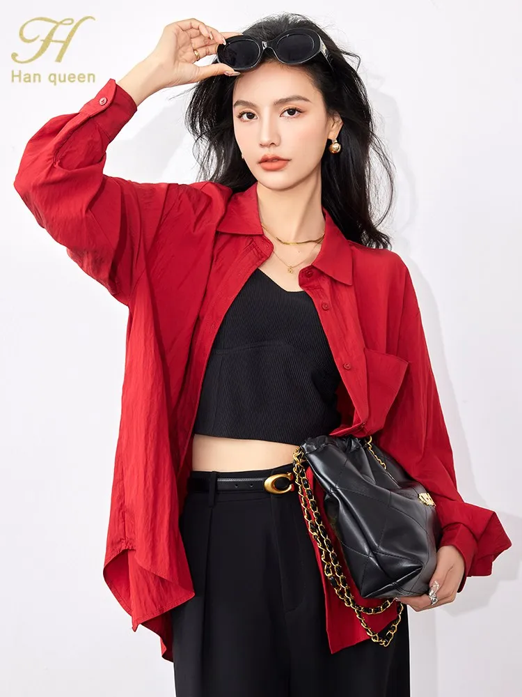 

H Han Queen 2023 New Arrival Autumn Sunscreen Shirt Womens Blouse Vintage Casual Tops Chiffon Blouse Elegant Loose Women Shirts