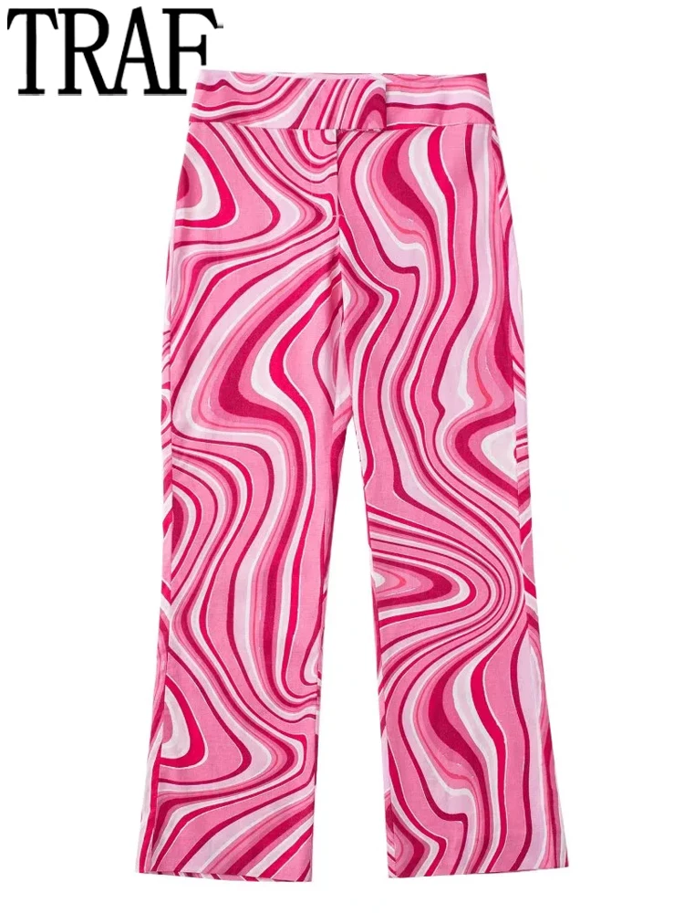 

Женские укороченные брюки TRAF с принтом, розовые брюки с высокой талией для женщин, уличная одежда 2022 Y2k, повседневные брюки, женские расклеше...