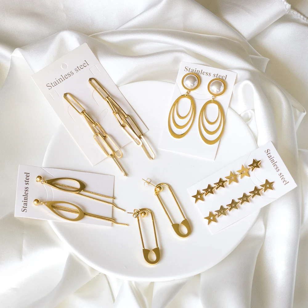 

Korean Fashion Woman Party Jewely Elegant Retro Water Drop Earring 316L Stainless Steel Dangle Link Chains Pendients 18K Golden