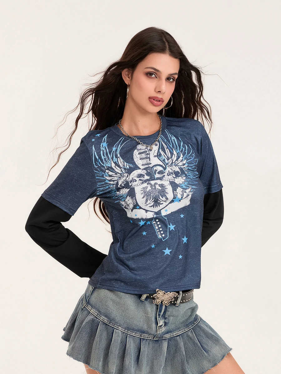 Женская футболка 2024 весна-осень винтажные лоскутные осенние топы с длинными