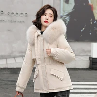 windproof thick furry collar zipper cotton coats solid colors plush comfort down jacket autumn winter women warm hooded parkas