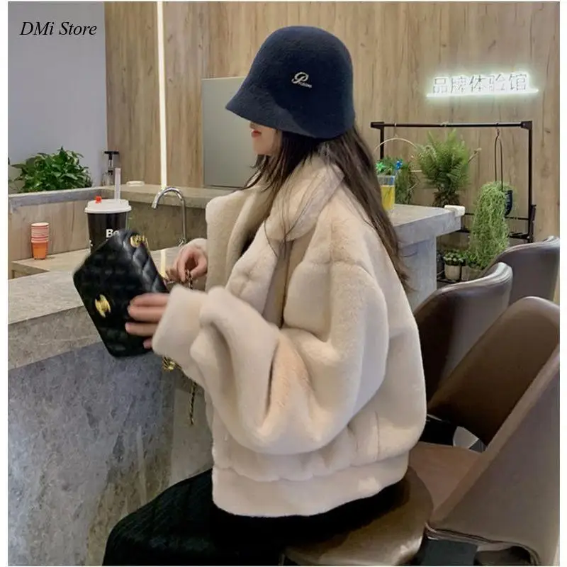 DIMI Ladies Faux Fur Coats Rabbit Fur White Pink Jacket for Women Women's Winter Fur Coat Loose Casual Thick Warm Short