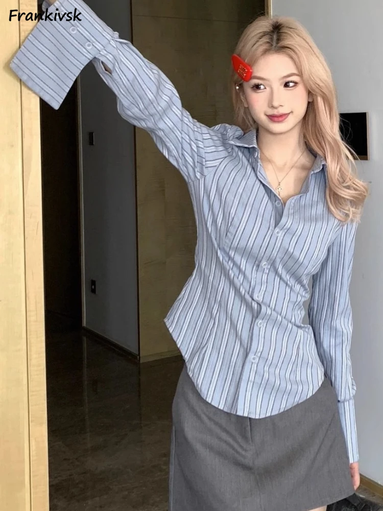 Рубашка женская в полоску, Офисная универсальная приталенная, с длинным ...