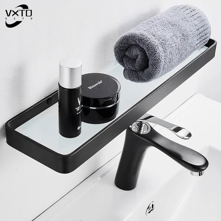 

Drill Free Wall Mounted Bathroom Shelf Black Glass Square Shampoo Shelf Cosmetic Shelves Kitchen Organizer Rack Wall Shelf