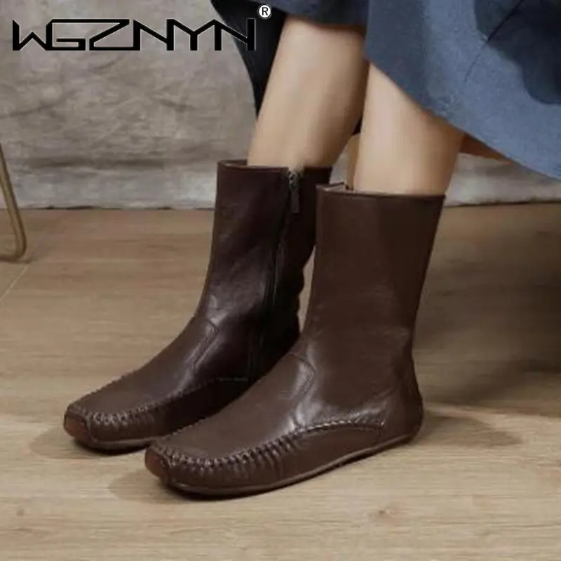 

Genuine PU Leather Ankle Boots Women Retro Shoes Zip Flat With Sewing Leisure 2023 New Handmade Concise Round Toe Ladies Boots