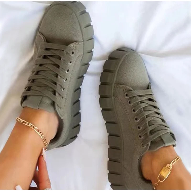 

MCCKLE Woman's Vulcanized Shoes Sneakers Lace-Up Solid Casual Platform Canvas Flat Shoes Without Heels Female Flats Ladies Floor