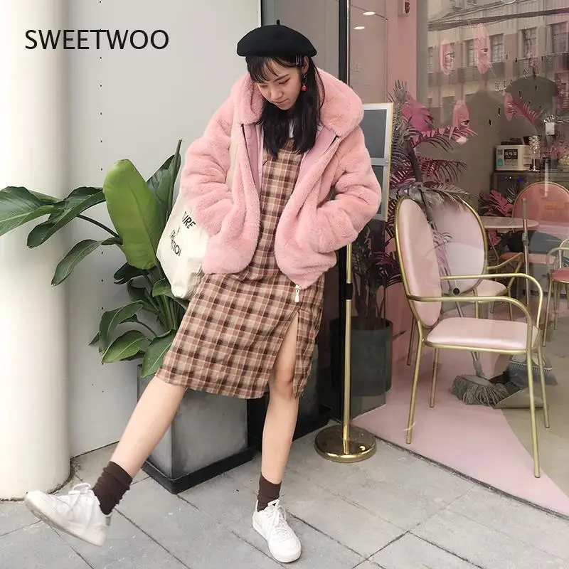 Winter Coat Women Faux Rabbit Hair Fur Coat Korean Hooded Imitation Mink Hair Long Jacket Loose Thick Warm Faux Fur Jacket Tide