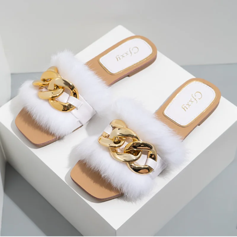 

2022 New Fashion Chain Plush Furry Fluffy Woman Sandals White Flat with Outdoor Slides Fur Summer Shoes Beach Sandals