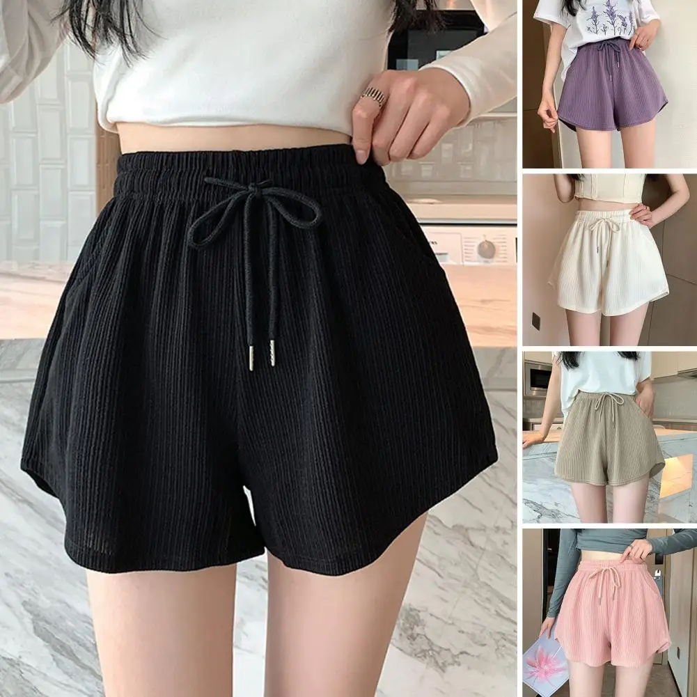 

Шорты женские эластичные на шнуровке, однотонные ребристые спортивные короткие штаны с широкими штанинами, свободные спортивные, для фитнеса и бега, на лето