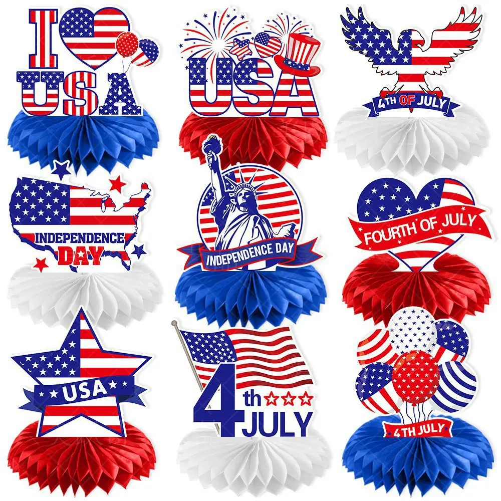 

9pcs USA Independence Day Honeycomb Ornaments Happy American Independence Day Cheer 4th July 2023 Party DIY US National Day