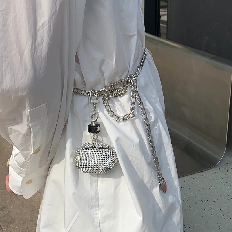 

Mini Crystal Shiny Women's Metal Chain Waist Bags Fashion Silver Belly Chain