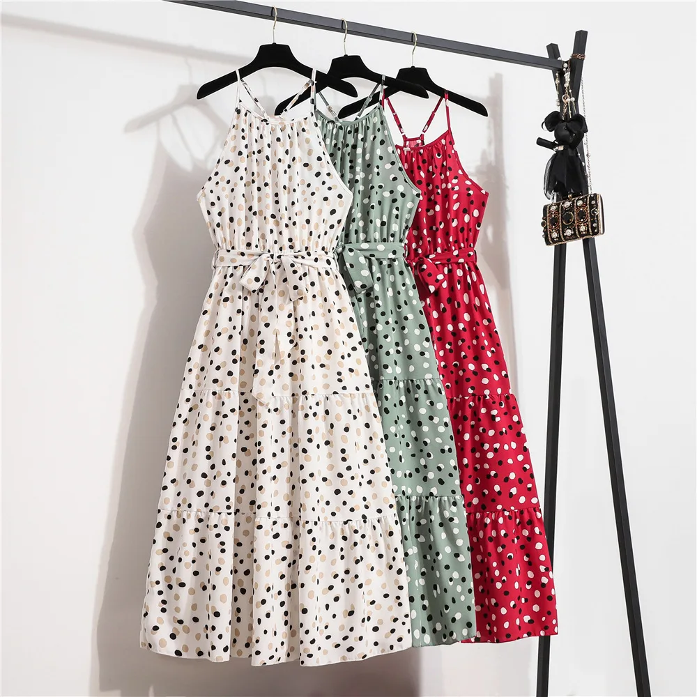 

2022 New Summer Women's Sexy Ladies Sleeveless Long Dot Print Dress Lace Up High Waist O Neck Vacation Style Big Swing Dresses