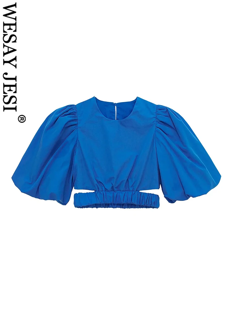 

WESAY JESI New Trend Premium Puff Sleeve Elastic Waist Cropped Ladies Clothing Navy Blue Fashion Cotton Comfortable Women's Top