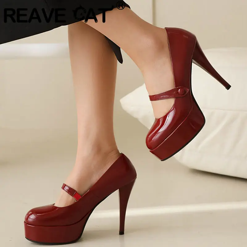 

REAVE CAT Patent Leather Women Pumps Round Toe Thin Heel 11.5cm Platform 3cm Buckle Strap Mary Jane Party Shoes Plus Size 42 43