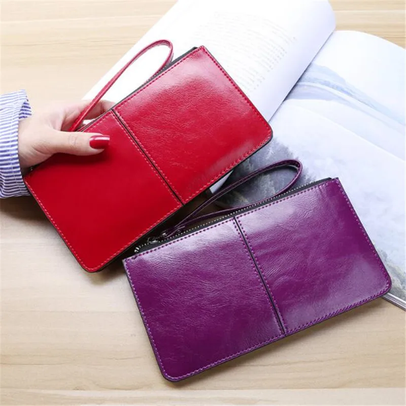 

Women's Vintage Oil Wax Leather Zipper Clutch Wallet Female Large Capacity Coin Purse Ladies Wristband Simple Card Holder Wallet