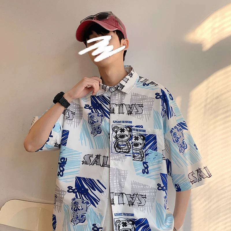 

Loose Fit Short Sleeve Shirts Mens Summer Fashion Trends Beach Clothes Teenage Oversized Hawaiian Blouse Letter Print Streetwear