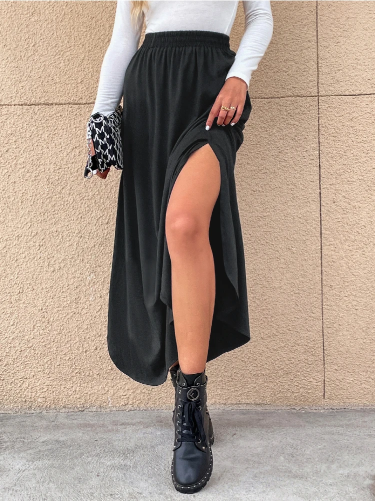 

2022 Spring Summer Fashion Streetwear Maxi Skirt Casual Female Bottoms High Waisted Split Thigh Skirt Women Black Solid Long Ski