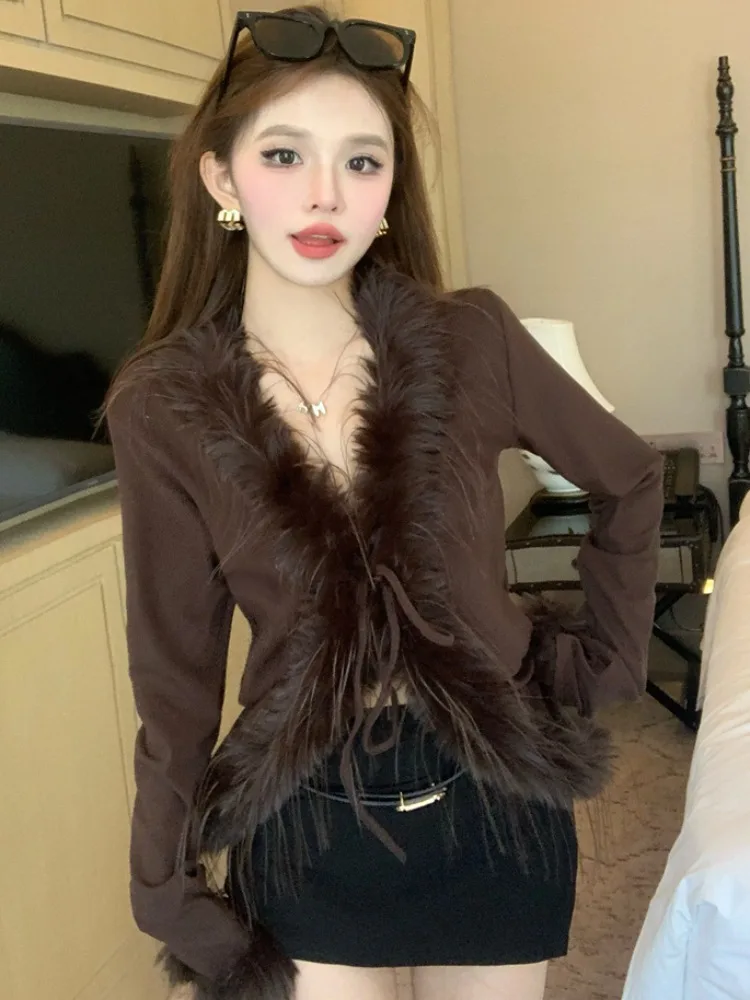 Осенне-зимний вязаный кардиган корейской серии Retro Burr Western Sle с v-образным вырезом