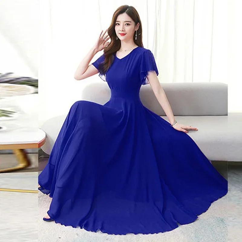 Винтажное Элегантное синее платье-трапеция с V-образным вырезом и коротким