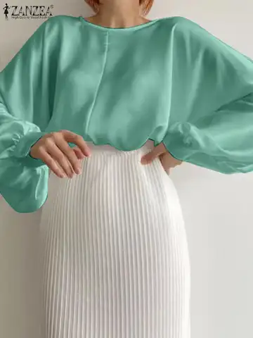ZANZEA 2023 Round Neck Seamed Shirts Women Casual Satin Blouses Elegant Solid Color Tops Lantern Sleeve Fashion Korean Blusa