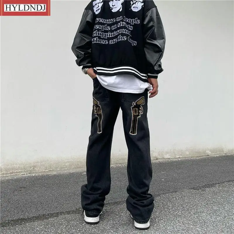 2023 New Men's Pants Hot Style Retro Jeans Men's Loose Straight All-Match Trend Bomb Street Ruffian Handsome Wide-Legged