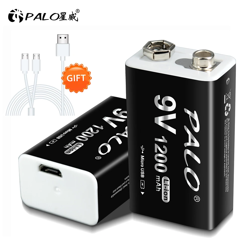 PALO 1200mAh 9V Battery Rechargeable Li-ion Crown Micro USB 6F22 9v Battery for Metal Detector MicrophoneRC Helicopter Model