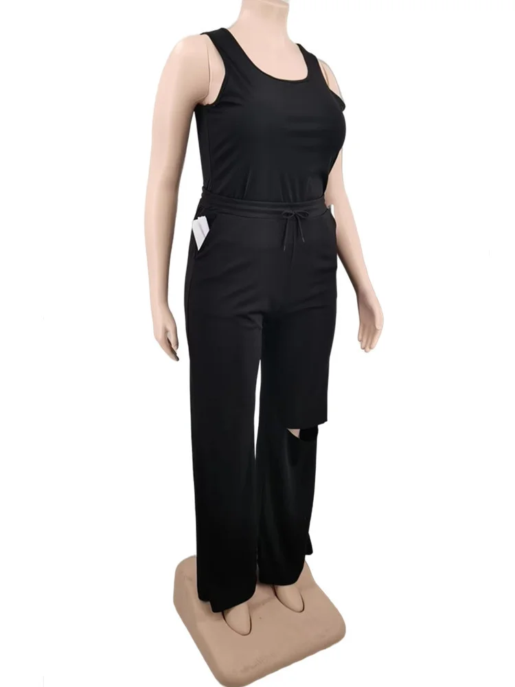 Plus Size Two Piece Set Women Summer Solid Shirts Vest Pants Holes Pockets Fashion Matching Suit Track 3xl 4xl 5xl 6xl