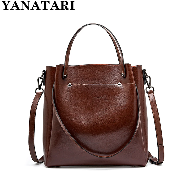 YANATARI One-shoulder Large Casual Tote Fashion Messenger Cowhide Leather Women's Bag Large-capacity Ladies Handbag Bucket bag