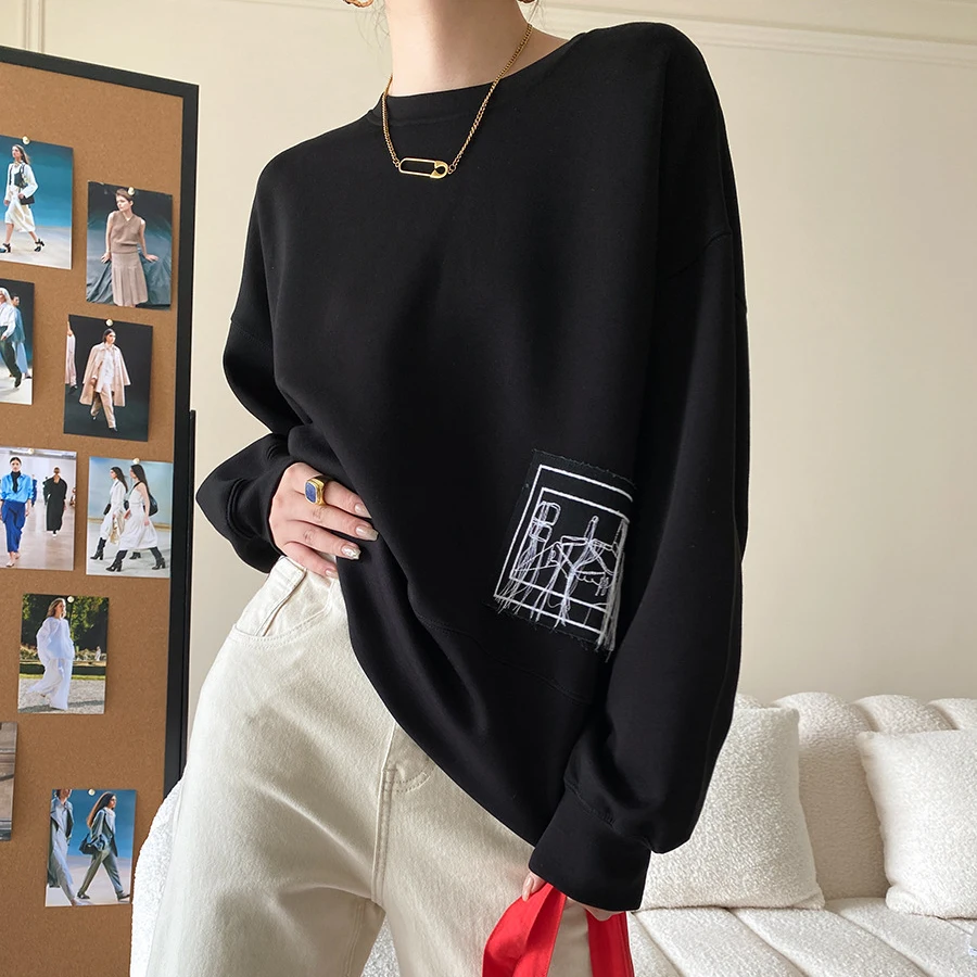 

Весенние женские черно-белые толстовки с длинным рукавом и круглым вырезом, модные пуловеры с длинным рукавом, новая одежда, женские топы, свитера