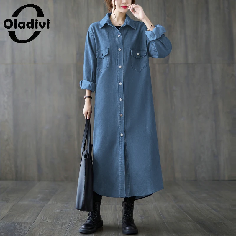 

Oladivi Long Denim Coat Women 30 40 50 60 Years Old Ladies Oversized Jeans Trench Coat Large Size Overcoat Casual Outerwear 9838