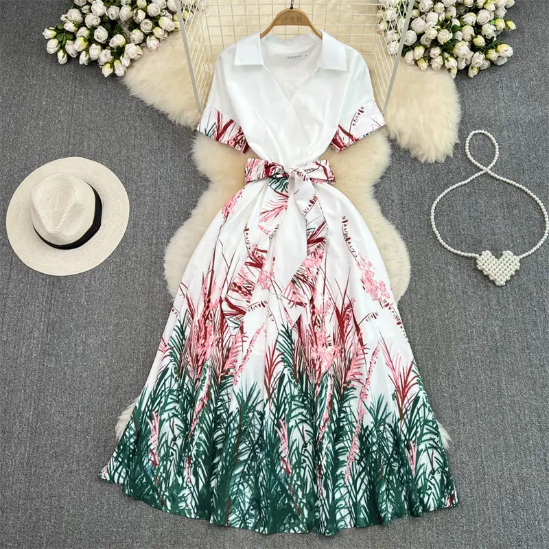 

Женское платье с чернильным принтом, Элегантное Длинное Платье-трапеция с V-образным вырезом и завязкой на талии, французское ретро платье с коротким рукавом, Z887, лето 2023