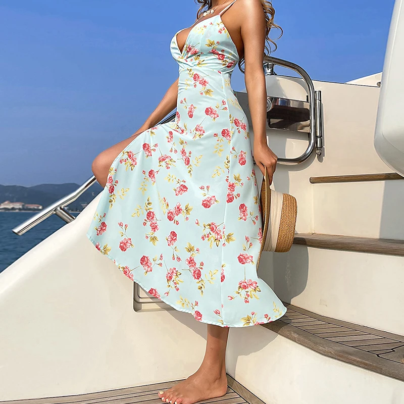 

Satin Floral Print Long Dress Summer Women's V-neck Thin Shoulder Strap Split Boho Sundress Sexy Open Back Holiday Party Dress