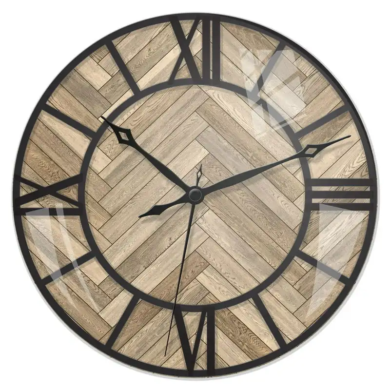 

16" Herringbone Wood Dome Glass Wall Clock-Model 33228HBW by