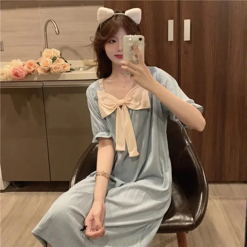 QWEEK Women Nightgown Bow Lace Nightdress Korean Fashion Long Sleep Dress Summer Autumn Short Sleeve Homedress Comfortable Cute