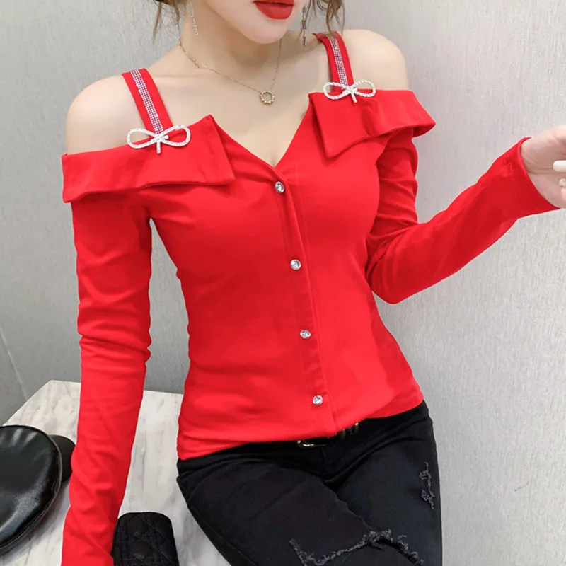 

New 2022Autumn Long Sleeve Women T-shirt Fashion Sexy Off The Shoulder Tshirts Tops Elegant Slim Diamond Shirt