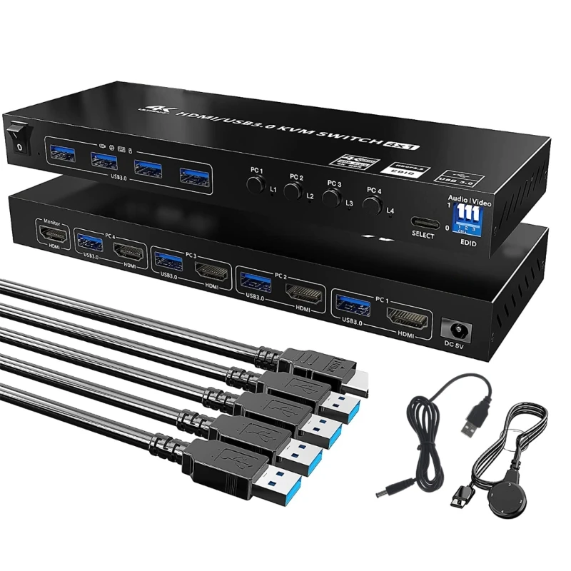 

New USB3.0 KVM Switch 4K@60Hz Resolution Share Keyboard Mouse KVM Switch with 4 x USB 3.0 Cables(1.5m)