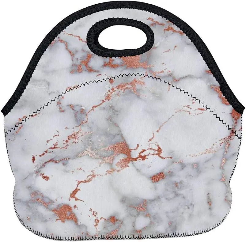 

Розовый, золотой, мраморный неопреновая сумка для ланча, изолированная сумка для ланча с ремешком, герметичная, ланч органайзер для пикника/...
