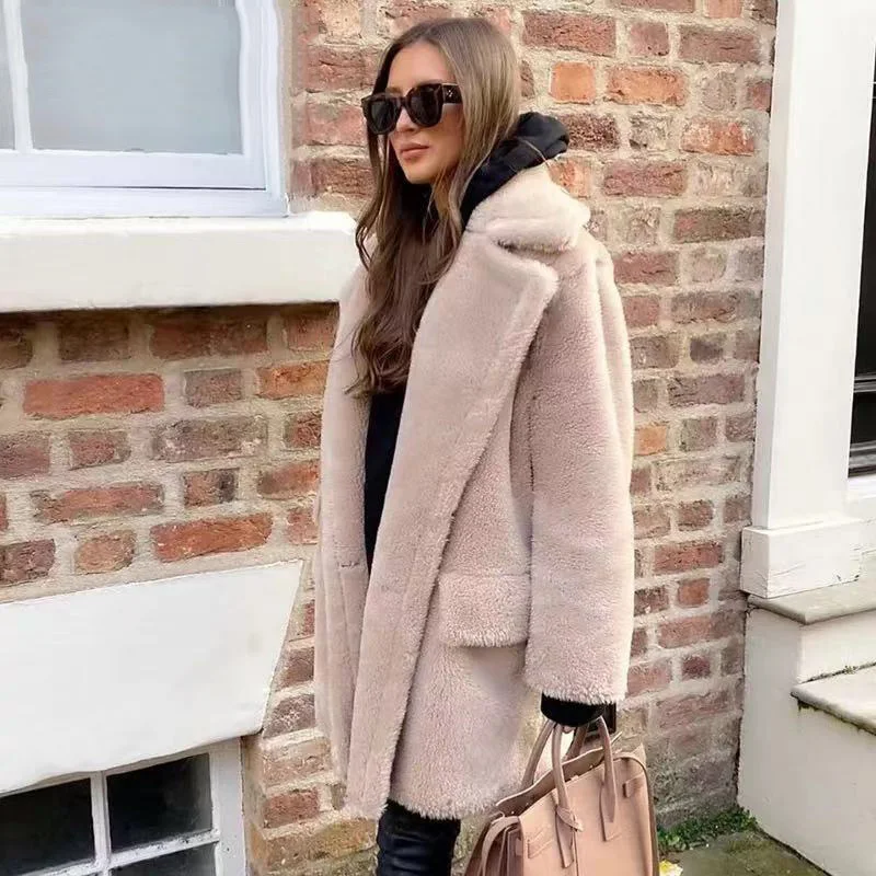 Elegant Womens Winter Warm Faux Fur Coats Thick Long Ladies Fur Teddy Jackets Turn Down Collar Overcoat Casaco Feminino S-4XL