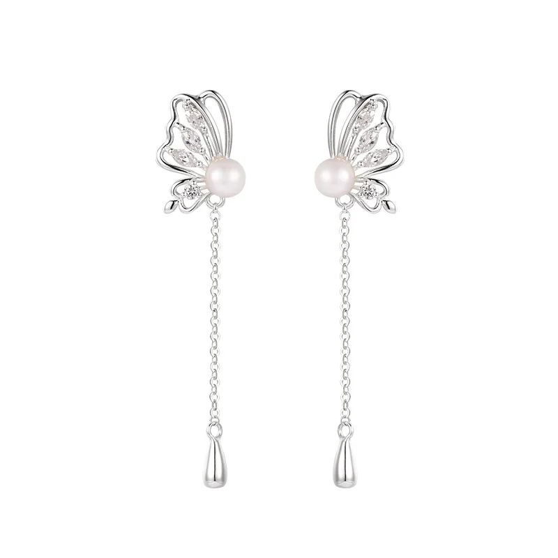 Женские серьги-гвоздики из серебра 925 пробы с длинными подвесками