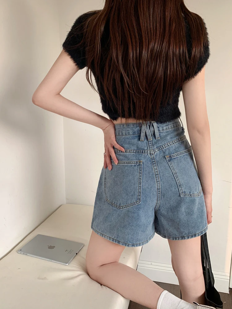 New Streetwear Women Retro High Waist Loose Blue Denim Shorts Spring Summer Female Wide Leg Jeans Shorts Bottoms