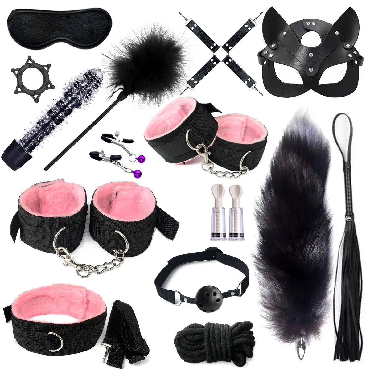 Sexy BDSM Plush Bondage Bundle Set Blindfold Handcuffs Whip Sex Toys for Women Nipple Clip Butt Plug Exotic Adult Products