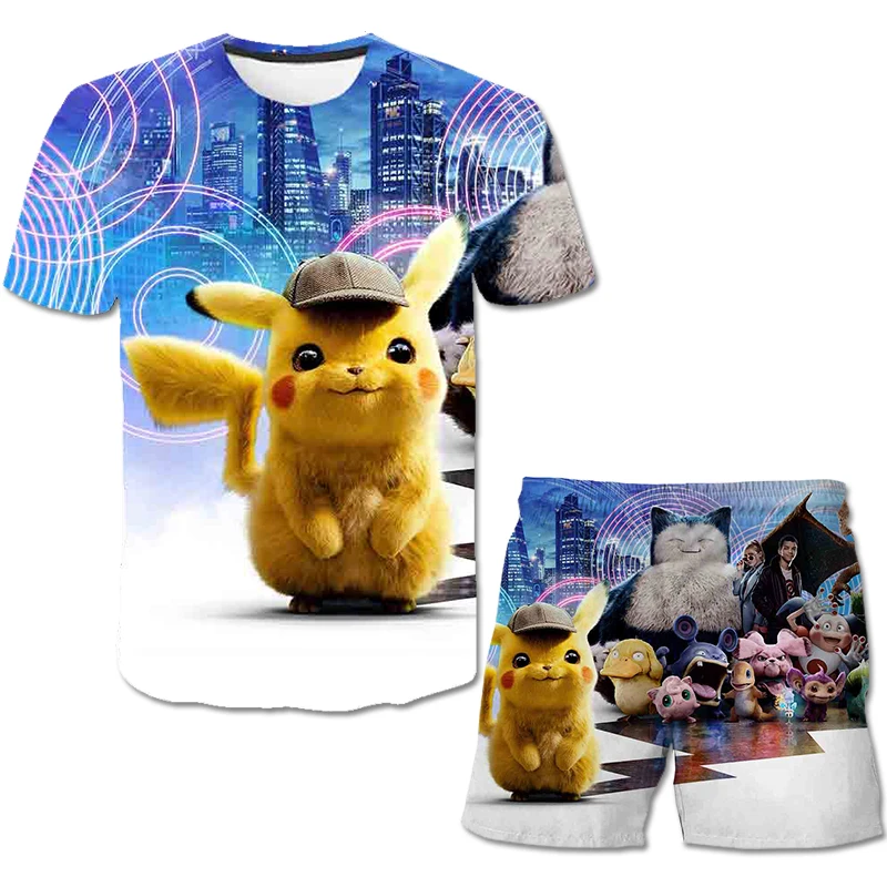 Новинка 2022 детская 3D футболка + шорты Pikachu летний повседневный костюм для двух