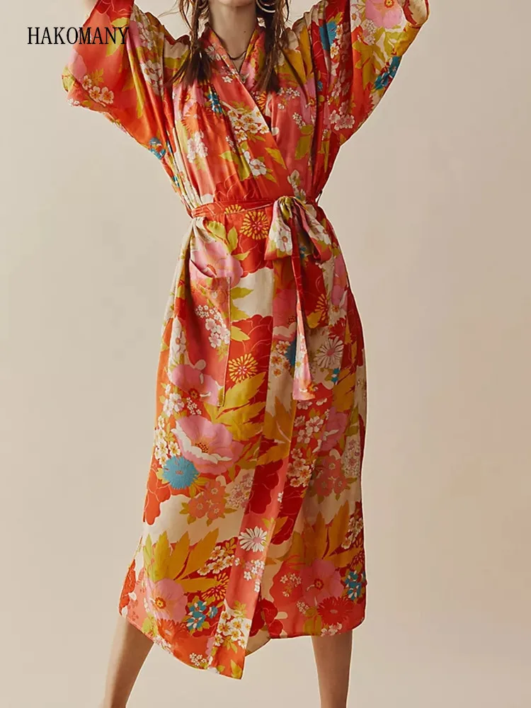 

2022 Bohemia Orange Flower Leaves Print Long Kimono Shirt Ethnic Lacing up Sashes Long Holiday Cardigan Loose Blouse Tops