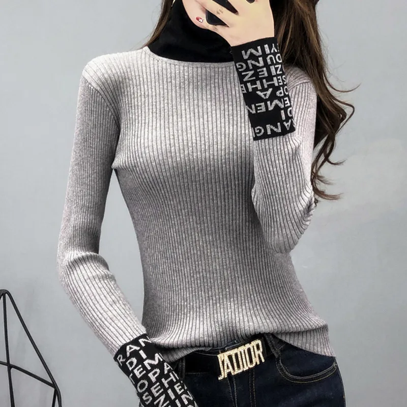 

Женский трикотажный свитер с длинным рукавом, облегающий свитер с высоким воротником, весна-осень 2023