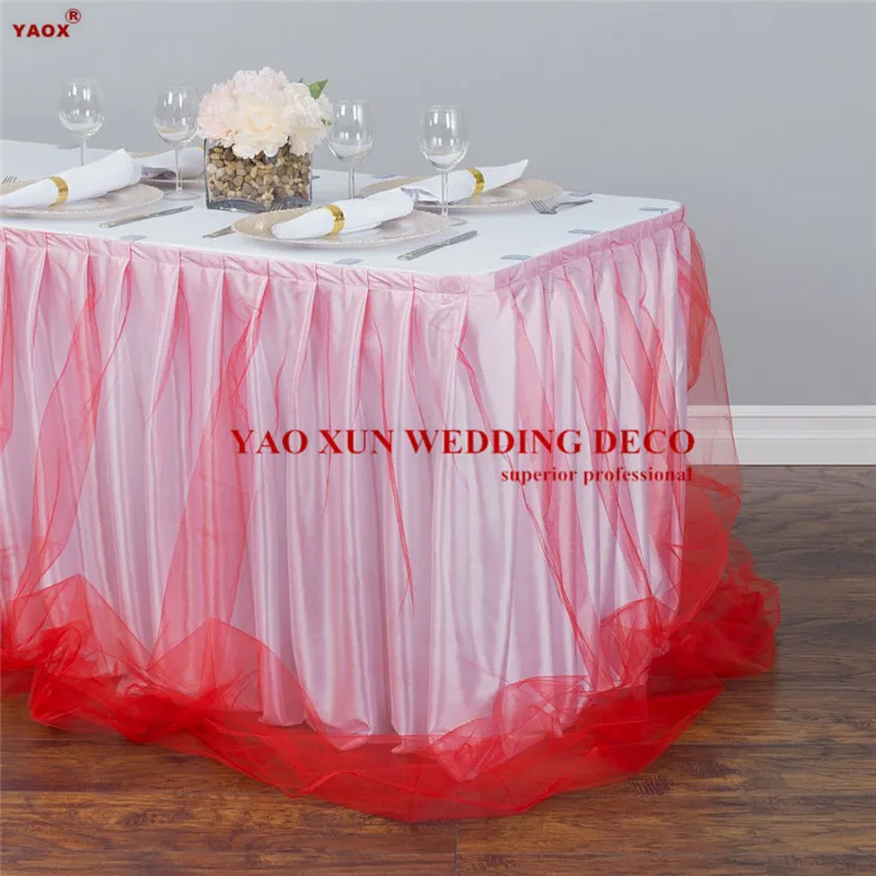 

10FT Triple Ruffled Ice Silk Table Skirt Banquet Tablecloth Skirting With Tulle Drape For Wedding Event Party Decoration