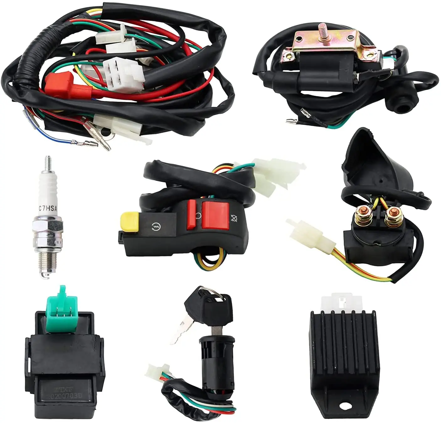 

Full Wiring Harness Loom Solenoid Coil Regulator 50cc 70cc 90cc 110cc 125cc Dirt Pit BIke Electric Start Engine