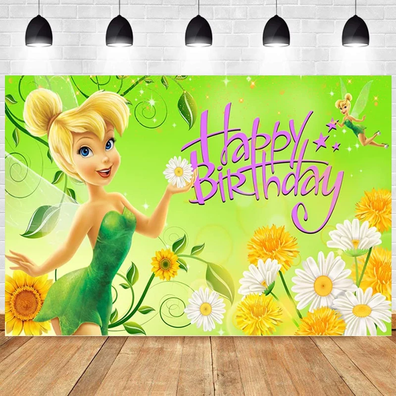 

Disney Tinkerbell Photography Backgrounds Girls Birthday Photo Backdrops Flowers Decorative Banners Photo Booth Props