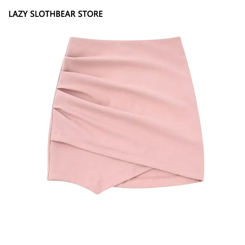 

Casual High Waist Asymmetrical Skirt Solid Color Pleated A line Skirt Preppy Style Mini Skirts