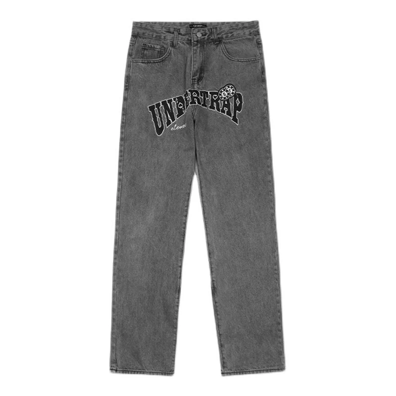 European and American Letter Embroidered Jeans Men's High Street Loose Straight Pants Street Y2K Retro Joker Casual Denim Pants